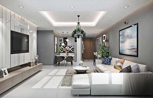 Lựa chọn gạch lát nền màu trắng trơn cho căn hộ mang phong cách thiết kế nội thất hiện đại, tông màu chủ đạo là xám và trắng.